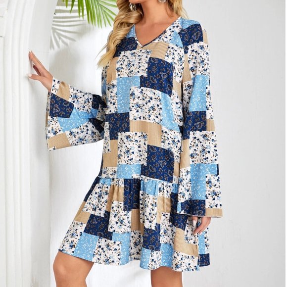 Dresses & Skirts - Patchwork & Floral Print Ruffle Hem Dress